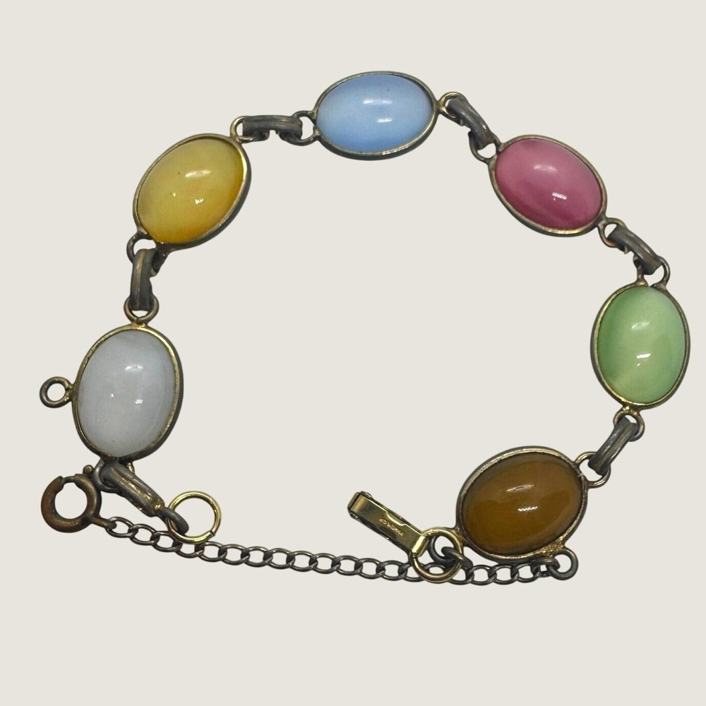 Van Dell Vintage 12K Gold Filled Multi Color Cabochon Stone Link Bracelet 7.25in